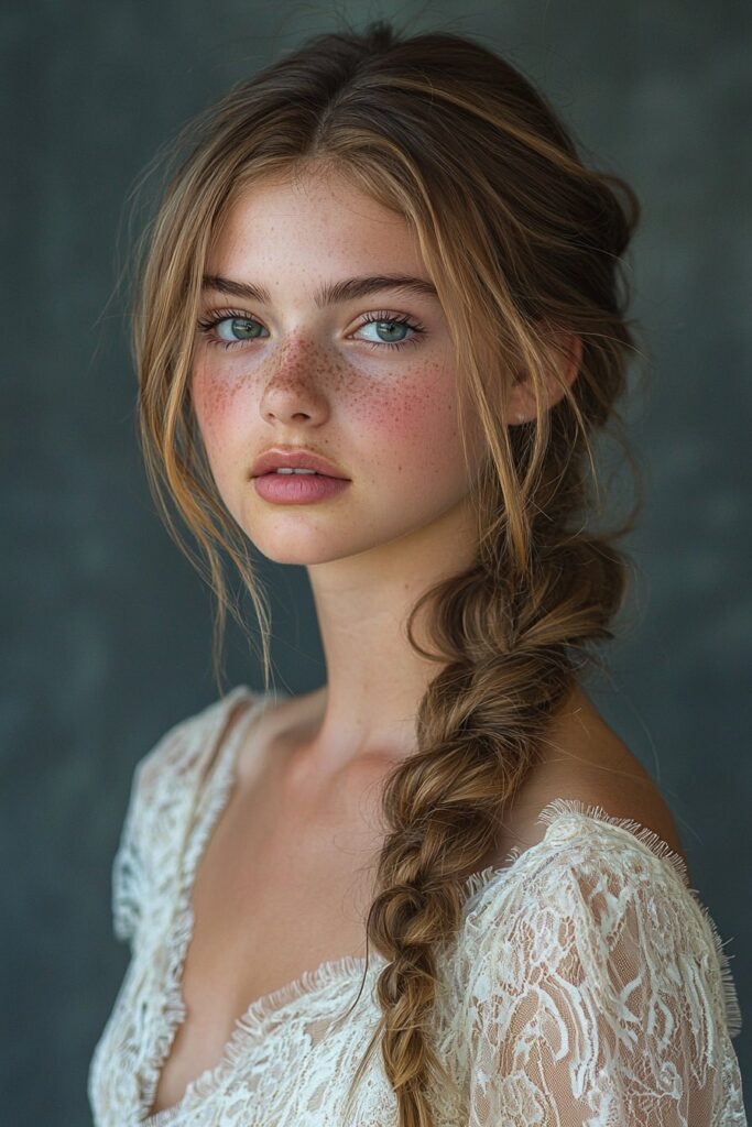 Young woman with a twisted side ponytail, featuring a deep side part and a romantic drape over one shoulder. The hairstyle exudes femininity against an indoor studio background