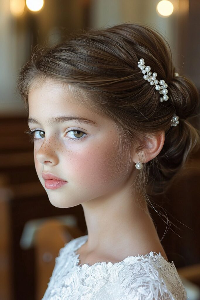 A vivid, true-to-life photo of a young girl with an elegant Twisted Side Updo. The hairstyle is secured with a pearl hair comb, exuding sophistication against a traditional church interior setting.