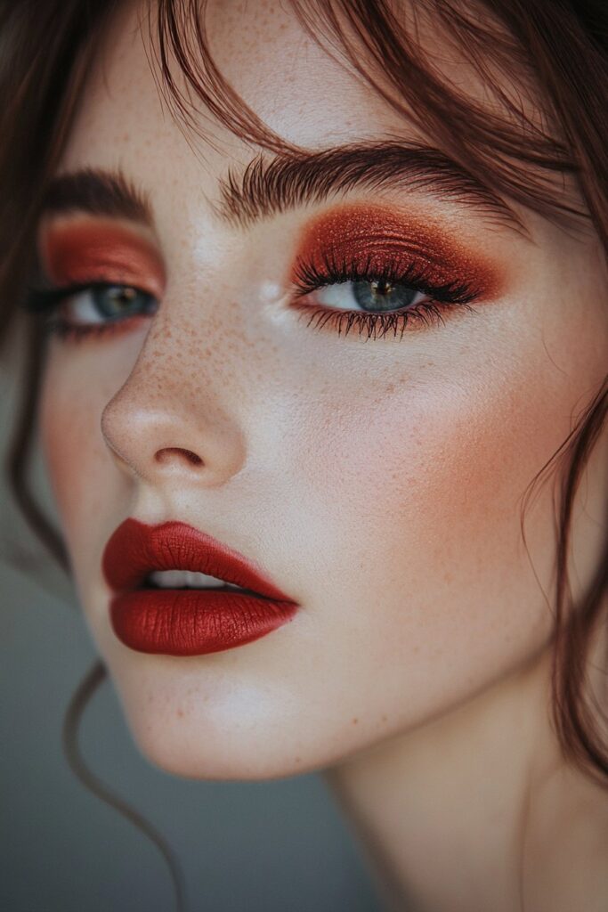 A full face makeup look with a velvet red eye, featuring a soft, matte red shadow mimicking plush velvet texture