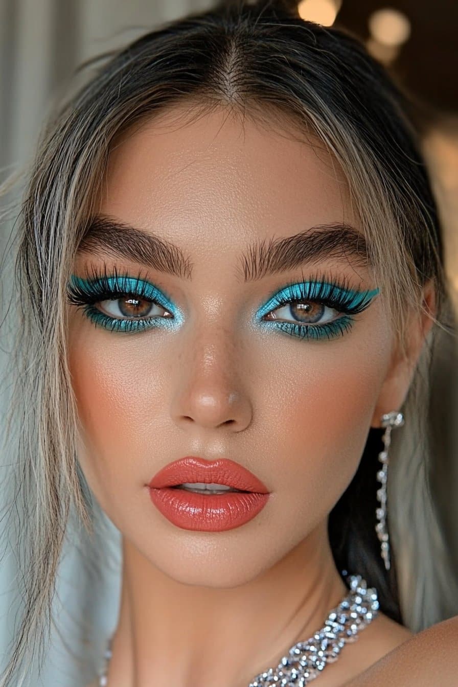 Playful vibrant teal eyeshadow in Latina makeup looks