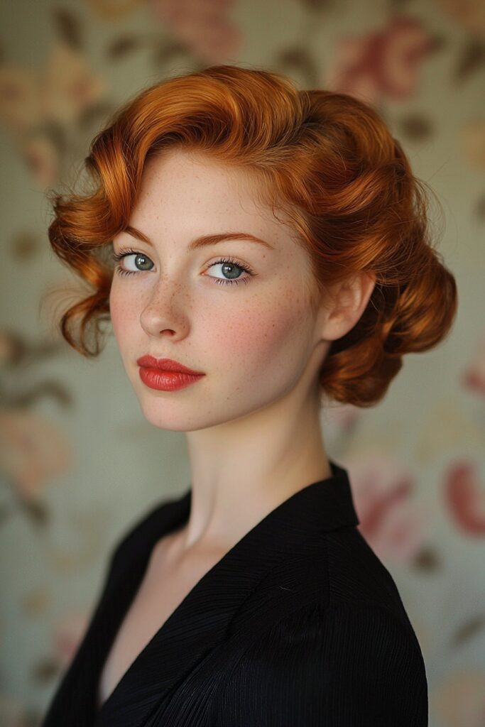 A young woman with a Vintage-Inspired Roll hairstyle for prom. The front side view shines in a retro-themed ballroom setting.