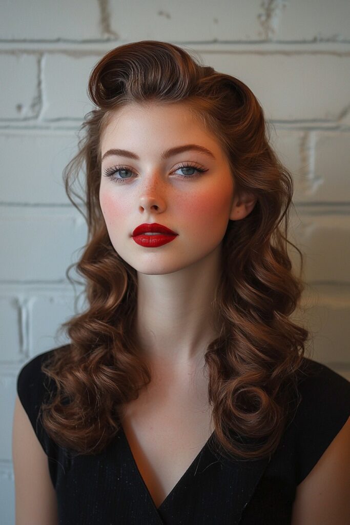 A young woman with Vintage Victory Rolls half-up, half-down hairstyle. Classic pin-up inspired victory rolls frame her face, blending into glossy, voluminous waves for a timeless prom look. The white brick wall background provides a classic and stylish setting.