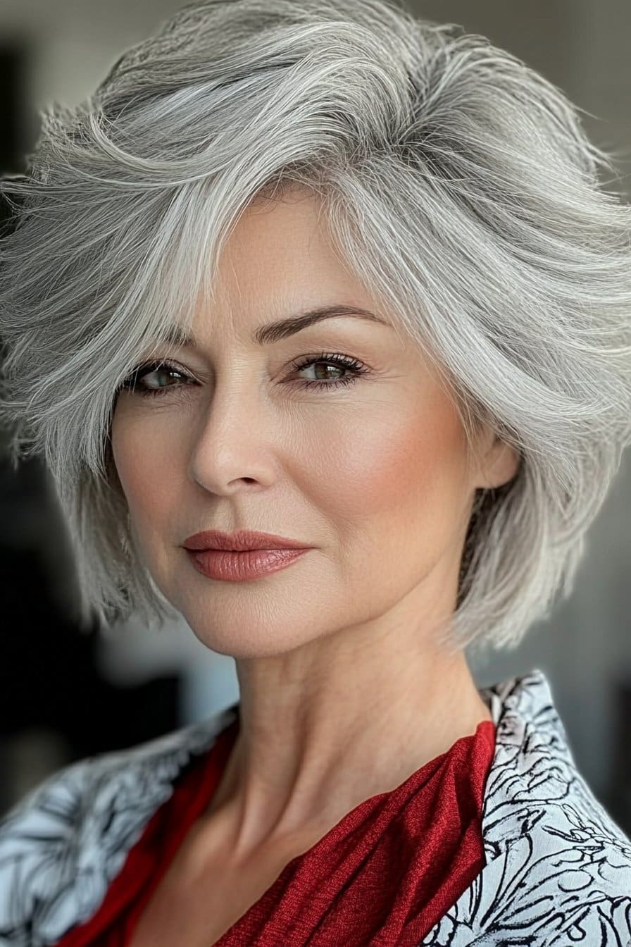 Voluminous crown cut short hairstyle for grey hair over 50