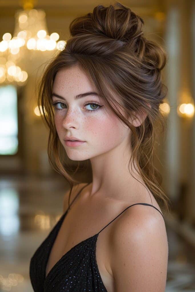 A young woman with a voluminous high bun updo for prom. The hairstyle showcases a full, high bun with a bit of volume, giving a timeless and glamorous appeal. She poses in a grand ballroom adorned with chandeliers.