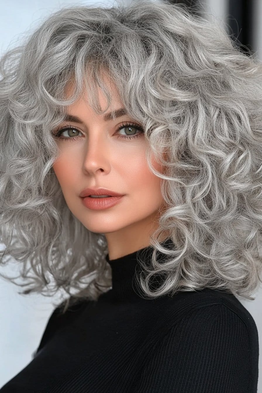 A radiant woman over 50 with voluminous silver spiral curls. The well-defined curls add bounce, shine, and a youthful, lively appearance.