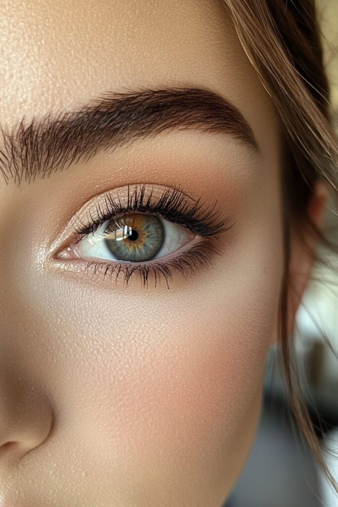 A close-up of a downturned eye with a watercolor-inspired eye makeup look. Soft pastel hues blend in a dreamy, artistic wash of color across the lid