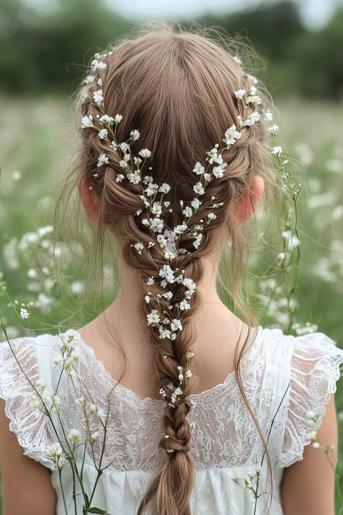 A photorealistic shot of a young girl with a Waterfall Braid adorned with tiny white flowers for her First Communion. The ethereal hairstyle is showcased against a soft outdoor grass background, enhancing its delicate beauty.