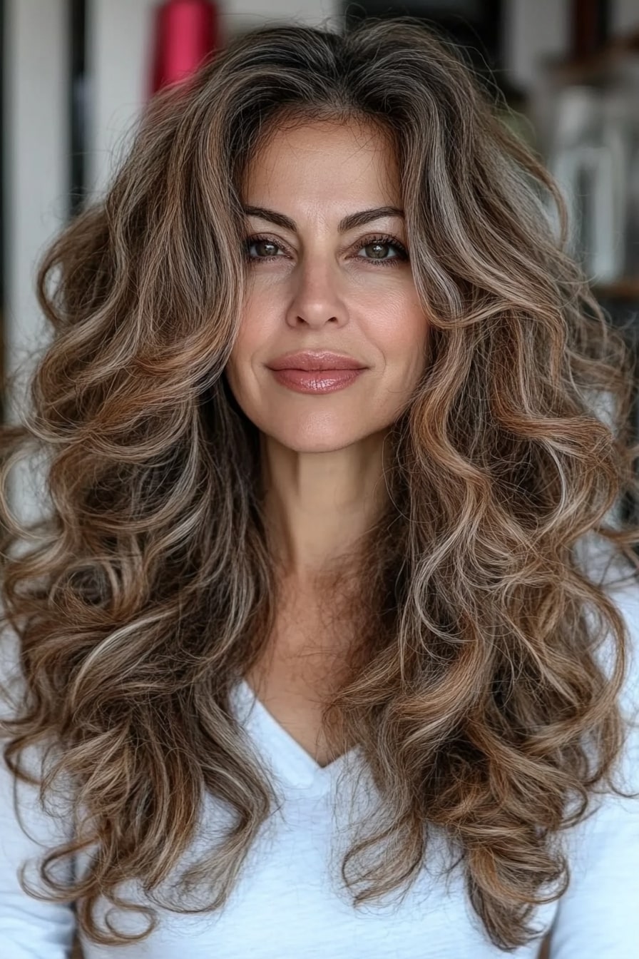 Wavy highlighted layered hairstyles for women over 50 with thin hair