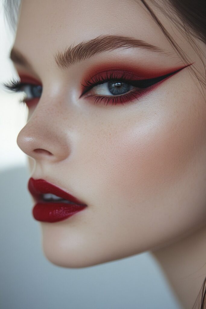 A full face makeup look showcasing a wine-colored graphic liner in a bold, geometric design with a modern artistic flair