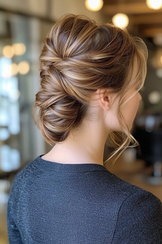 A young woman with a Wrapped Ponytail Bun hairstyle for prom. The hairstyle is presented in a modern elegant event hall setting.