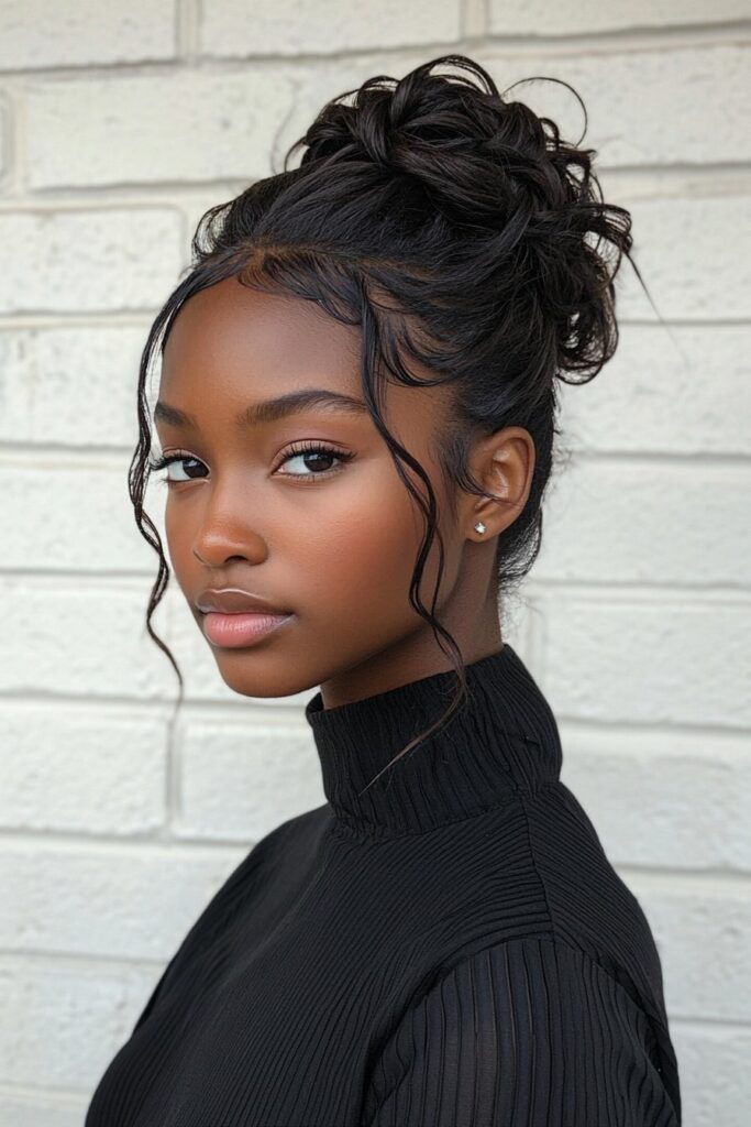 A young woman with a wrapped ponytail updo for prom. The hairstyle features a ponytail wrapped in strands of hair, creating a sleek and modern finish. She is at an upscale event hall with contemporary decor.