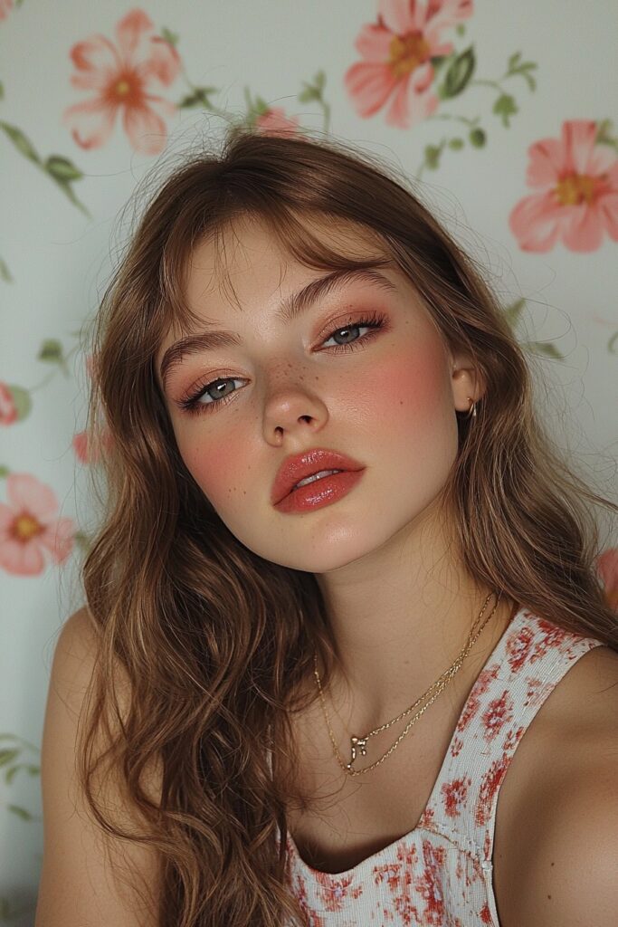 A girl with soft red eyeshadow, top-lid eyeliner, and a gentle pink lip, glowing with an ethereal and warm prom style.