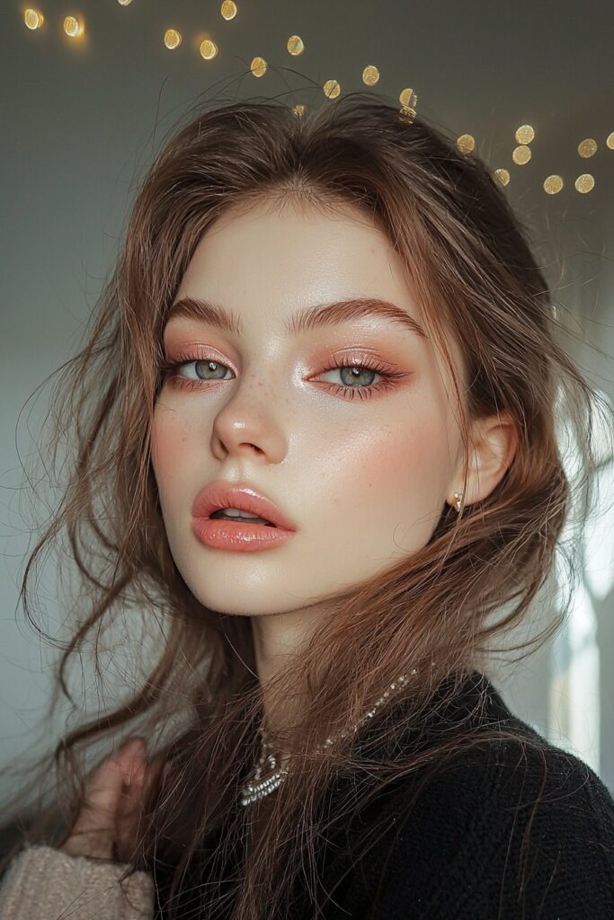 :** A luminous matte base with translucent powder glows softly, paired with pearly pink eyeshadow, top-lid eyeliner, light bottom-lash mascara, and a delicate rose lip. The look is ethereal and romantic