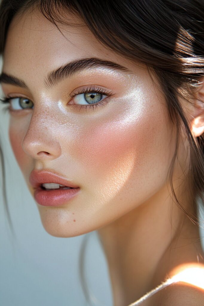 An ethereal makeup look with an angelic white-gold highlight on the cheekbones. The eyes feature soft pearl eyeshadow, and the lips are delicately tinted with pink. The smooth complexion is bathed in heavenly, soft lighting.