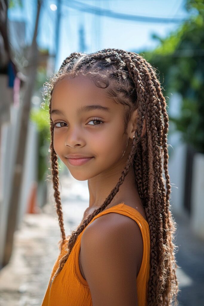 A young Black girl with sleek, straight-back cornrows, a classic protective hairstyle. The image is captured outdoors with a street backdrop, emphasizing the neat and structured braids.