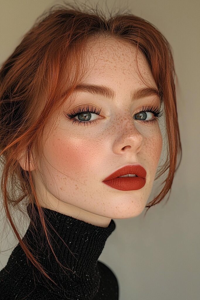 A face with black cherry elegance makeup. Black cherry tones unify the eyes, cheeks, and lips. Top-lid eyeliner and light bottom-lash mascara define the eyes. The matte complexion is radiant, while a cherry red backdrop and rich lighting enhance the poised Scorpio Rising aesthetic.