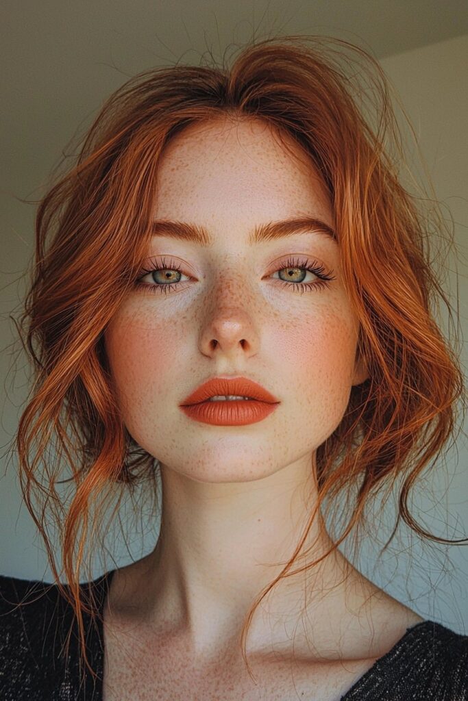 A girl with bronze-red tones on her eyes, top-lid eyeliner, and a soft terracotta lip, radiating a warm and bold prom style.
