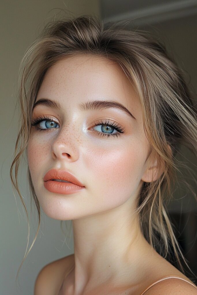 Bold prom makeup featuring bronze tones complementing blue eyes with striking terracotta lips