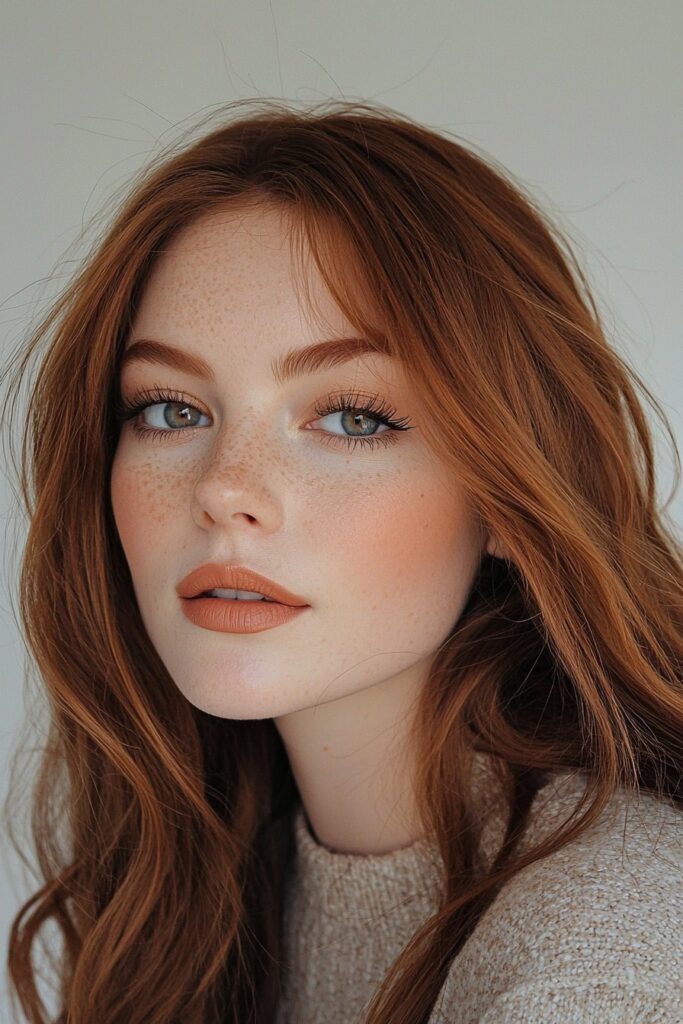 A young woman with a bronze goddess glow makeup look. Warm, sun-kissed bronze tones enhance her skin, paired with soft terracotta lips and subtle eye makeup. A radiant, glowing look.