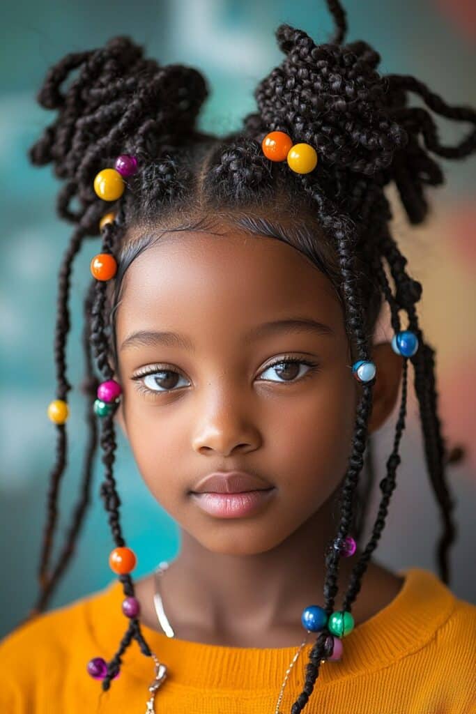 A young Black girl with bubble braids, featuring playful sections adorned with colorful beads. The style is youthful and trendy. The indoor setting includes a sleek wall panel background with soft lighting.