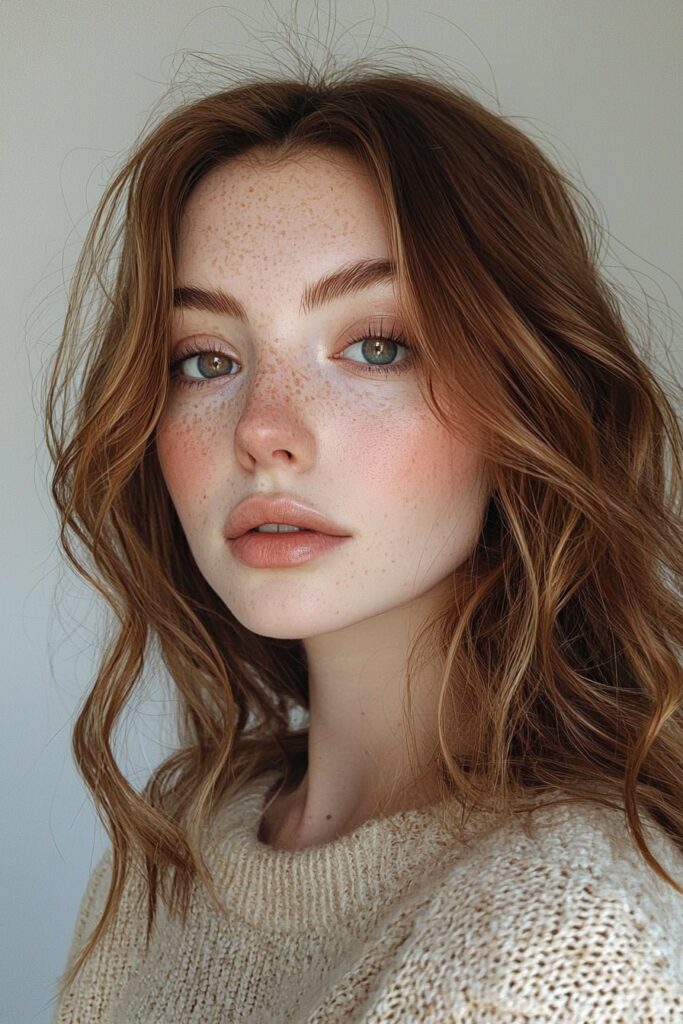 A girl with a soft, matte complexion, taupe eyeshadow, and a gentle beige lip. The look is polished and serene, embodying Virgo’s grounded grace.