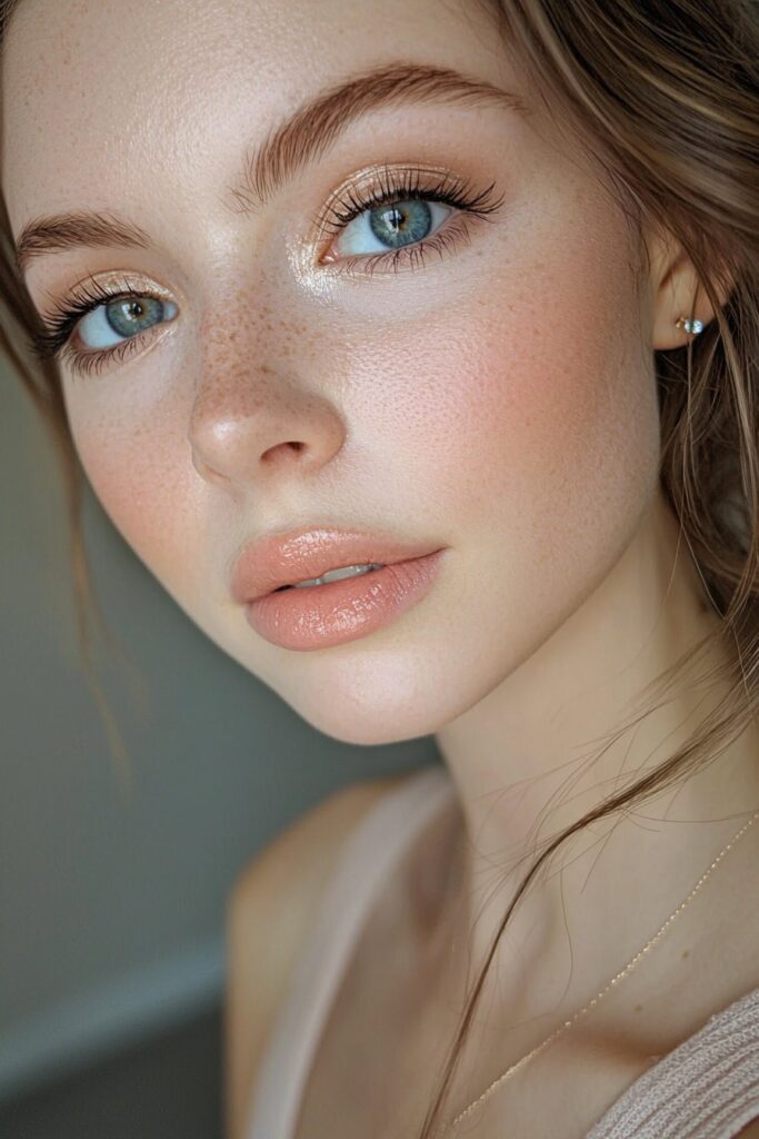 Luxurious prom makeup with champagne eyeshadow enhancing blue eyes paired with gentle peach lips
