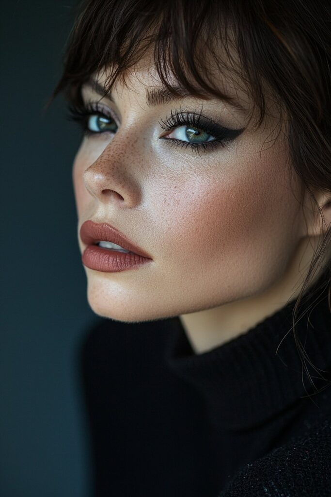 A face with a charcoal smoke show makeup look. Dark charcoal smokey eyes blend seamlessly, paired with ash lips. The look includes top-lid eyeliner, light bottom-lash mascara, and a matte finish. A charcoal gray backdrop with moody lighting creates a smoky and commanding effect.