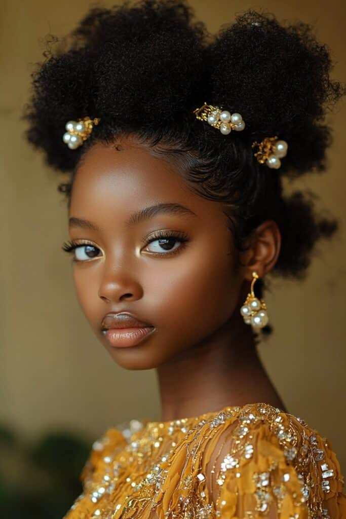 A young Black girl with a classic afro puff adorned with pearl clips and gold hairpins. The high, voluminous puff adds a bold and glamorous touch. The background features an indoor salon setting with warm lighting