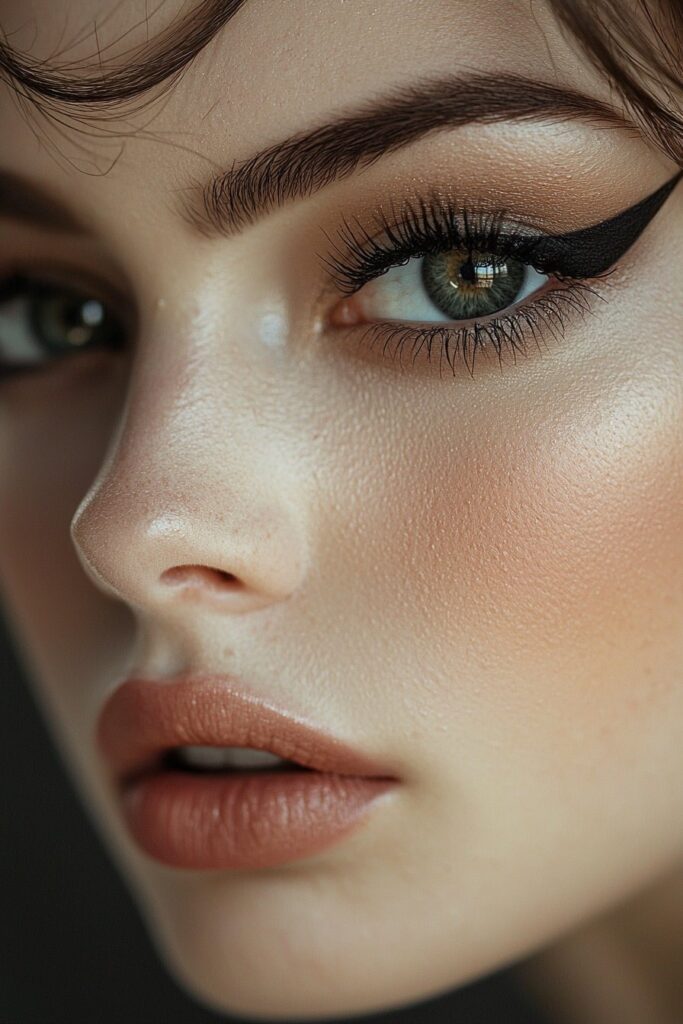 A face with a classic smokey eye and winged eyeliner. Charcoal shadows blend seamlessly, with sharp top-lid eyeliner and light bottom-lash mascara. The complexion is matte with translucent powder, and lips are a neutral taupe. The backdrop is sleek black with moody lighting, creating a dramatic and confident Scorpio Rising aesthetic