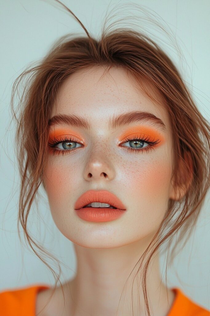 A girl with coral-red tones on her eyes and cheeks, top-lid eyeliner, and a matching coral lip, presenting a bright and romantic prom look.