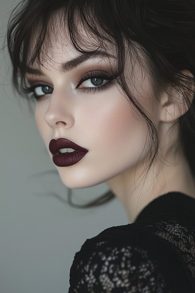 A face with dark gothic glam makeup. Black eyeshadow blends into a sharp top-lid eyeliner, paired with light bottom-lash mascara and oxblood lips. The complexion is matte with translucent powder. A dark gray backdrop with dim lighting intensifies the mysterious Scorpio Rising allure.