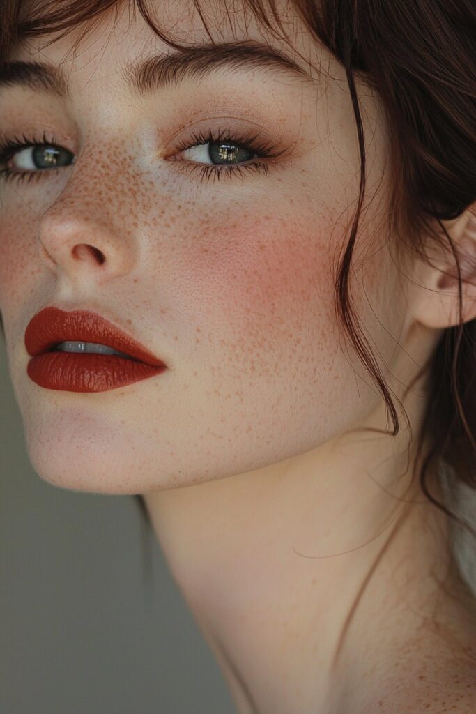 A face with dark romance makeup. Deep wine tones blend across the eyes, cheeks, and lips. The look features top-lid eyeliner, light bottom-lash mascara, and a matte complexion. A deep red backdrop with romantic lighting creates an intense and passionate Scorpio Rising mood.