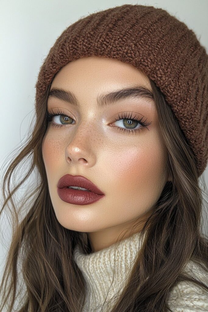 Smoky berry eyes with top-lid eyeliner and light bottom-lash mascara enhance a matte base with translucent powder, lips in a deep mauve. The vibe is passionate and captivating