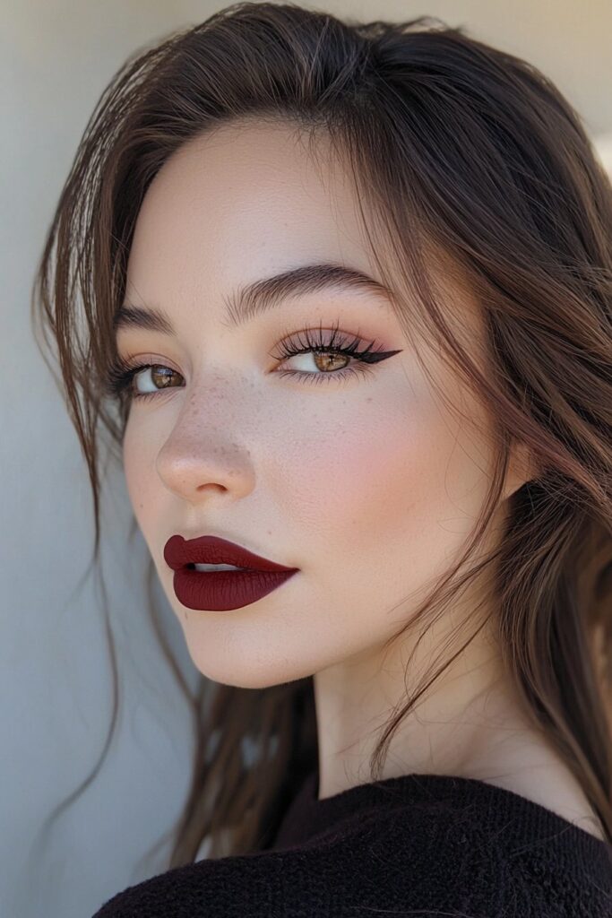 A face featuring a deep burgundy power makeup look. The eyes, cheeks, and lips are adorned with bold burgundy shades, complemented by top-lid eyeliner and light bottom-lash mascara. The matte complexion is set with translucent powder. The backdrop is a rich maroon, enhanced by warm lighting for a bold and assertive vibe.