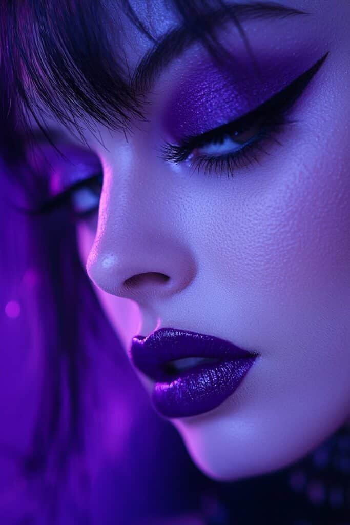 A face with deep purple drama makeup. Intense purple shadows blend effortlessly on the eyes, complemented by violet lips. The look features top-lid eyeliner, light bottom-lash mascara, and a matte complexion. A deep purple backdrop with bold lighting heightens the dramatic effect.