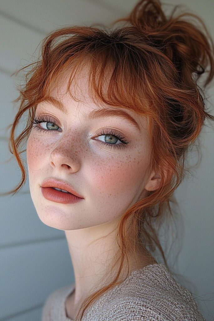 A girl with dusty red tones on her eyes, top-lid eyeliner, and a soft mauve lip, giving an earthy and enchanting prom feel.