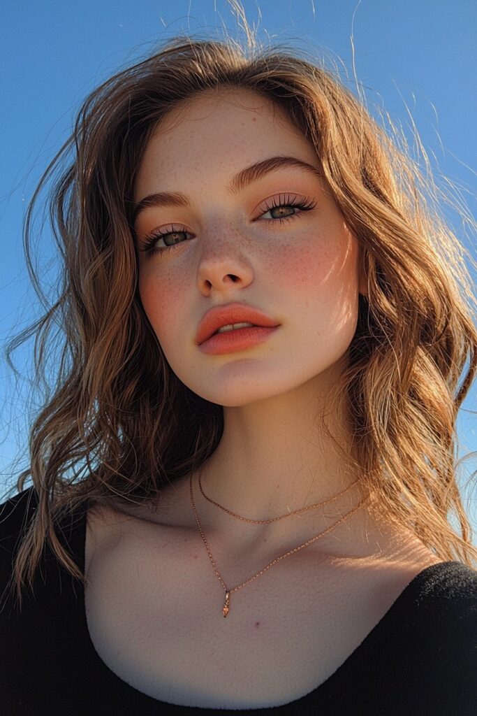 A young woman with a fresh, dewy skin makeup look. Her skin glows naturally, paired with a subtle coral lip and minimal eye makeup for a youthful, luminous effect.