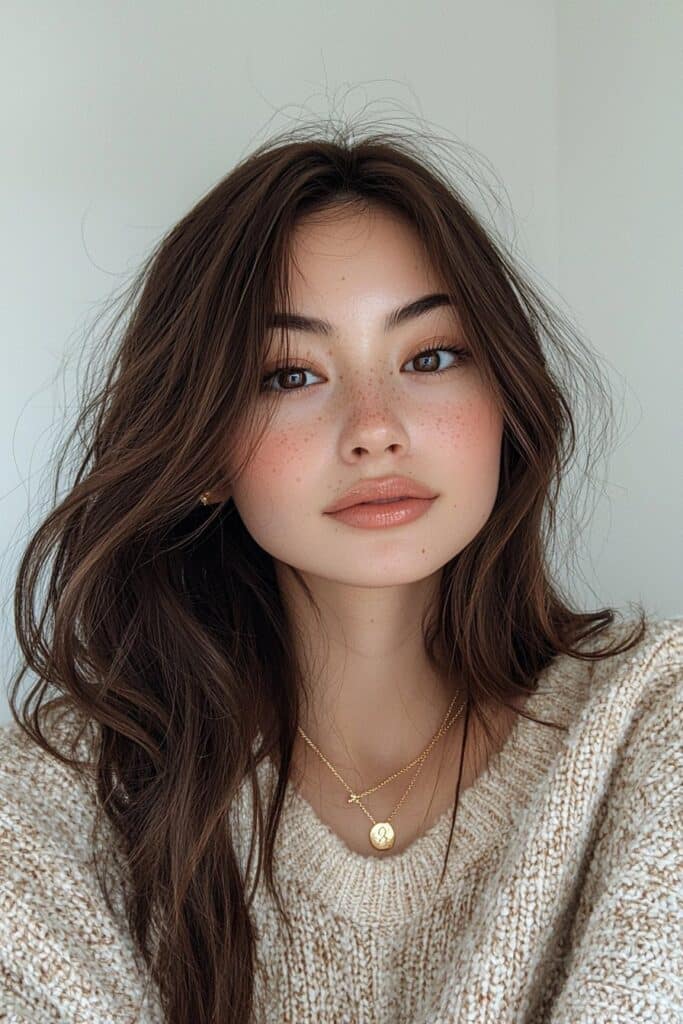 A girl with a dewy-yet-matte skin focus makeup look. Her complexion glows with a smooth matte base and translucent powder. Her eyes are lined with subtle top-lid eyeliner and light bottom-lash mascara, complemented by a soft coral lip.