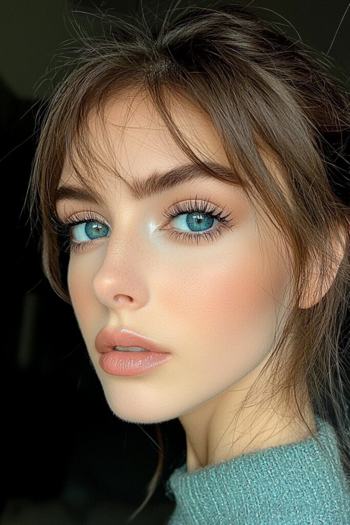 Mesmerizing prom makeup with deep navy shadows enhancing blue eyes contrasted with soft pink lips