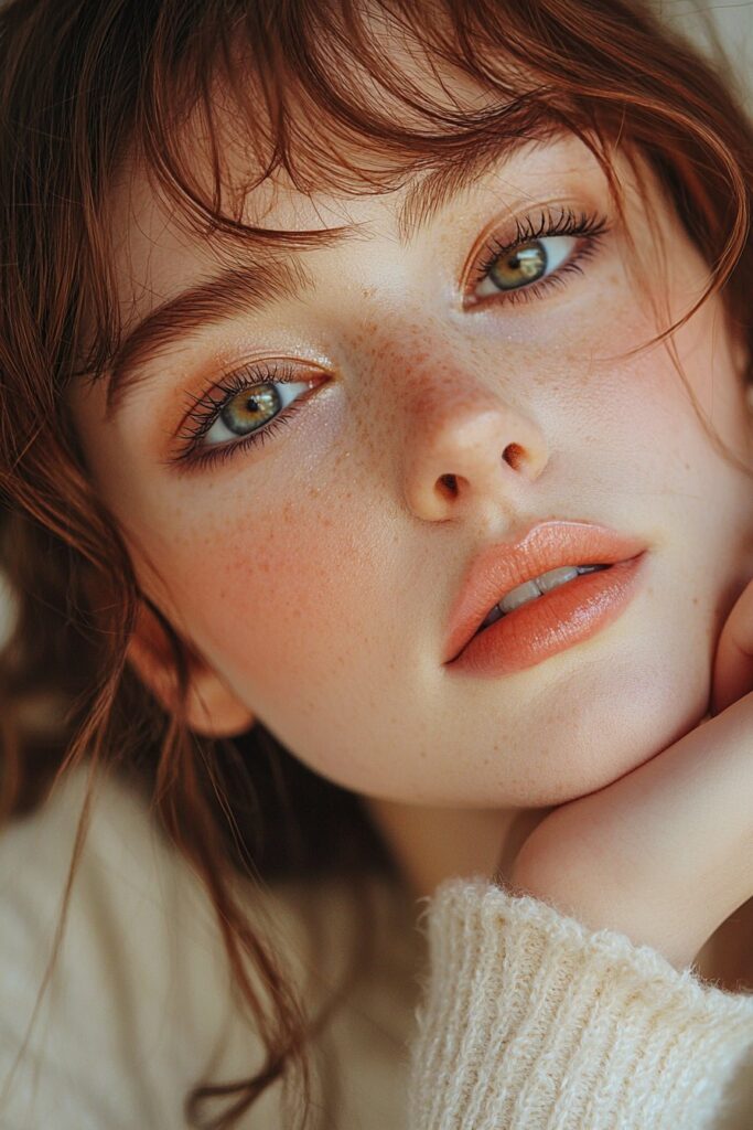 A dewy-yet-matte base with translucent powder shines, with top-lid eyeliner, light bottom-lash mascara, and a delicate peach lip. The style is ethereal and tender.