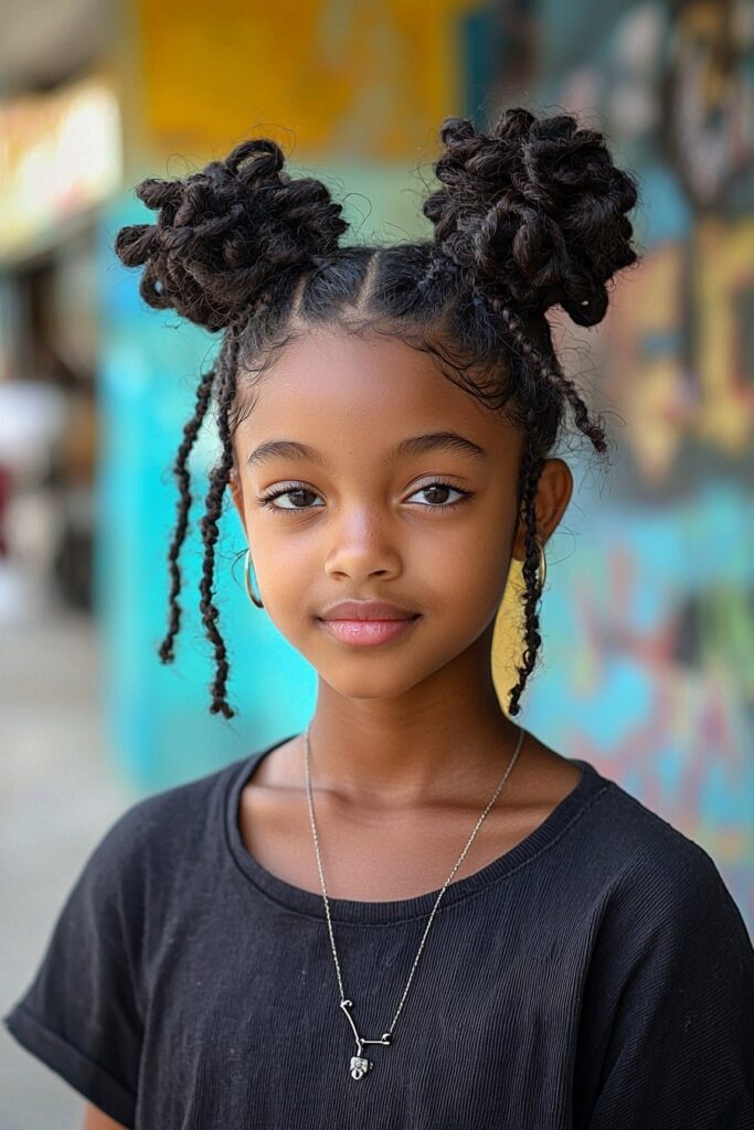 A young Black girl with easy Bantu knots, showcasing small twisted knots across her natural hair. The hairstyle is cultural and stylish, photographed against a professional street backdrop.