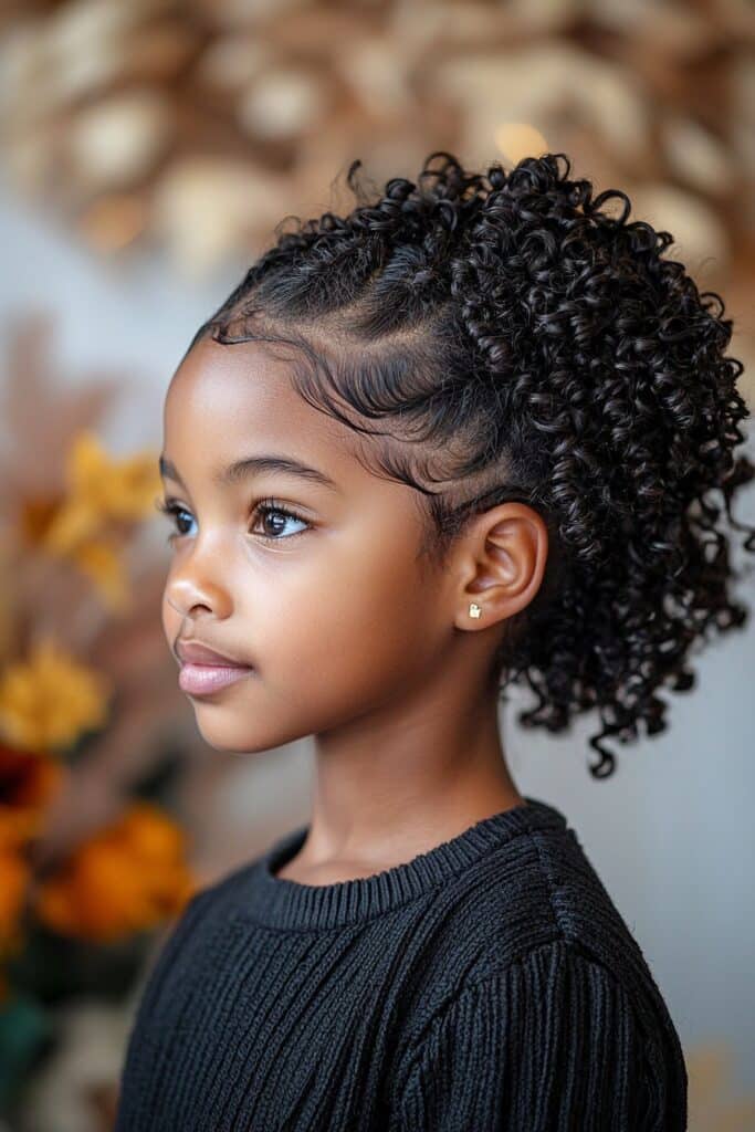 A young Black girl with defined, tight finger coils. Her natural curls are carefully coiled for a highly textured and vibrant look. The background is an indoor salon with a modern wall panel backdrop.