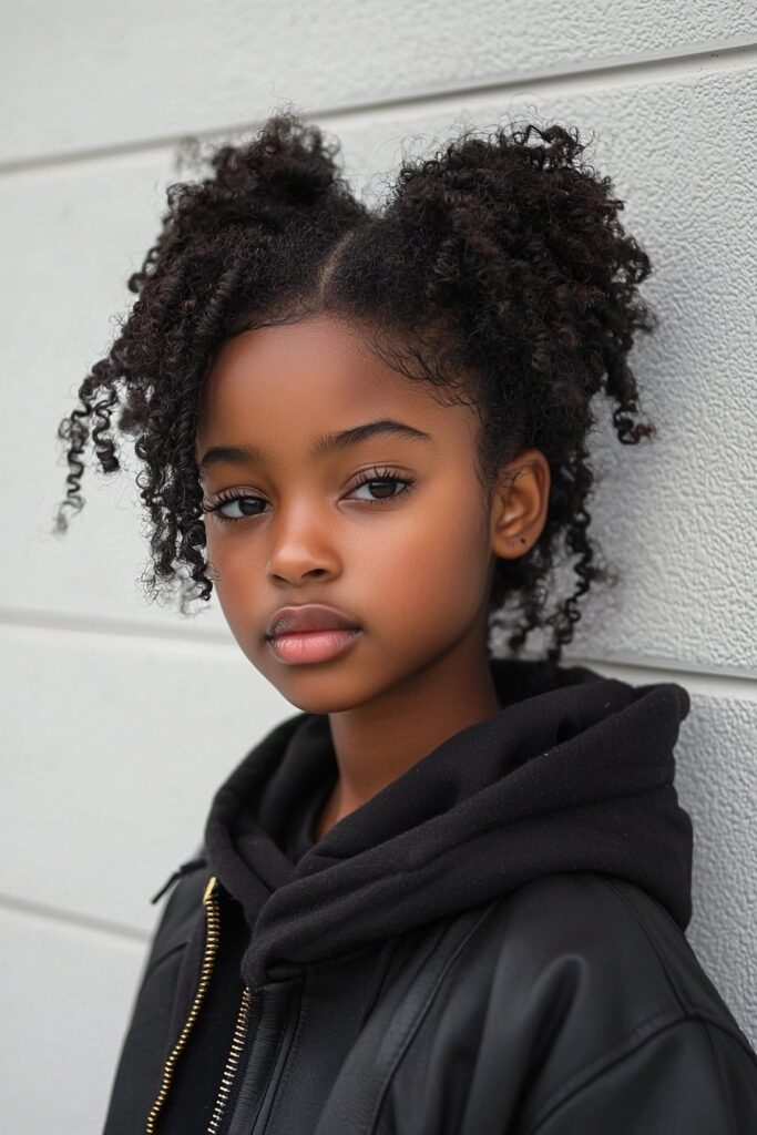 A young Black girl with an easy twist-out style, showcasing loose, defined curls from unraveled twists. The backdrop is a professional wall panel background with soft lighting