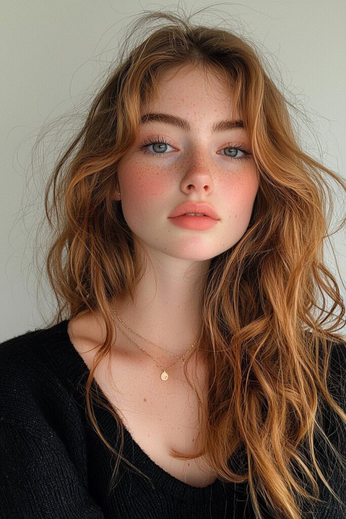 A girl with an effortless no-makeup makeup look. Her skin appears flawless with a matte base and translucent powder. She wears minimal top-lid eyeliner, light bottom-lash mascara, and a sheer peach lip. The lighting is soft, emphasizing her natural beauty.