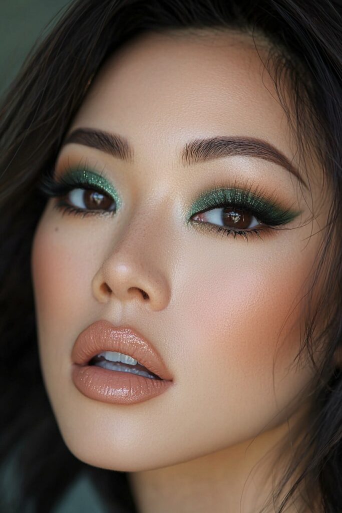 A face with an emerald night fantasy makeup look. Rich emerald green eyeshadow pairs with taupe lips, top-lid eyeliner, and light bottom-lash mascara. The matte complexion is flawless, set against an emerald green backdrop with twilight lighting for a dreamy, enigmatic aura