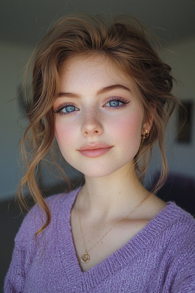 Enchanting prom makeup with airy lavender shadows complementing blue eyes and soft mauve lips
