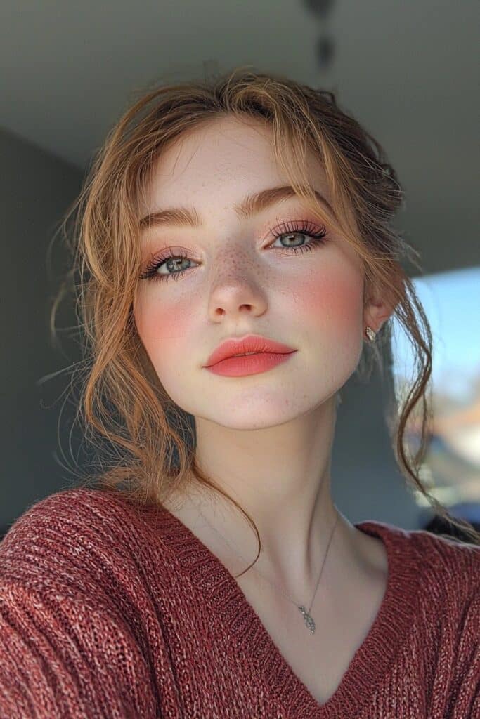 A girl with soft ruby eyeshadow, top-lid eyeliner, and a rosy pink lip, reflecting a whimsical and enchanting prom style.