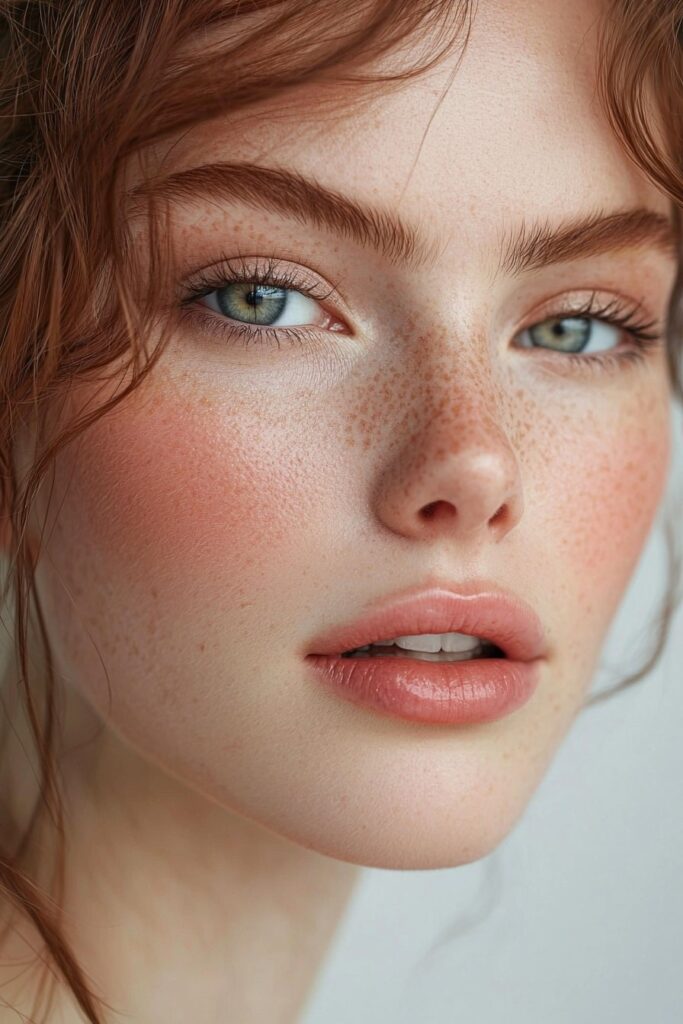 A warm and professional makeup look with soft rose blush on the cheeks, a matte base with translucent powder, top-lid eyeliner, light bottom-lash mascara, and a muted pink lip.