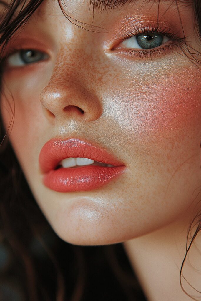 A romantic, flushed makeup look with deep rose-colored cheeks, matching rosy eyeshadow, and soft pink lips. The skin is naturally luminous, with warm, diffused lighting creating a dreamy, love-struck aesthetic.