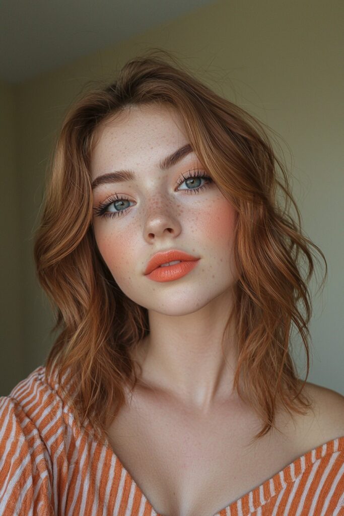 A girl with a subtle definition makeup look. Soft brown eyeshadow enhances her eyes, paired with a matte base and a soft peach lip. The look is polished and natural.